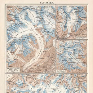 Topographic maps European glaciers, lithograph, published in 1897