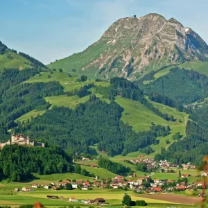 Town of Gruyeres with Gruyeres Castle, Gruyere District, Switzerland