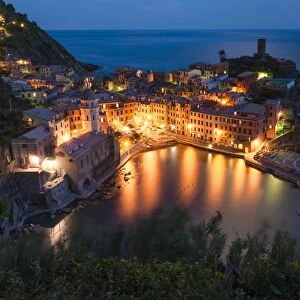 Townscape at dusk, Vernazza, Cinque Terre, Liguria, Italy