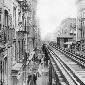 Across the Tracks Print: Elevated El Train near Tenement Buildings Across the Tracks Print: Elevated El Train near Tenement Buildings