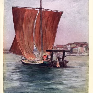 Traditional Japanese fishing boat, square rigged sail, Art, Japan 19th Century