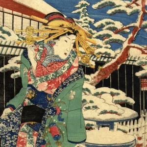 Traditional Japanese Woodblock female in the snow