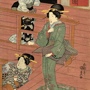 Traditional Japanese Woodblock of a women in room