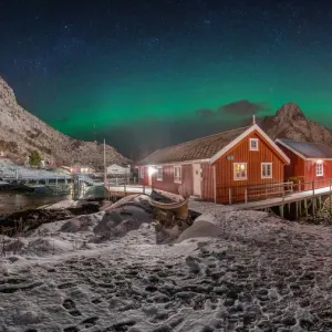 Traditional Norwegian fishing cottages, huts, Reine in Lofoten in northern Norway
