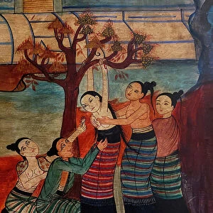 Traditional Thai mural at the wall of Thai temple