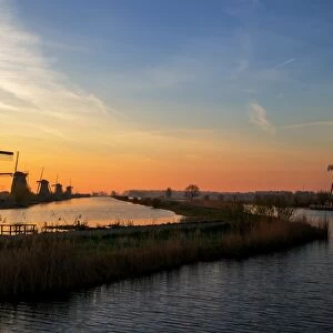 Traditional windmills at sunrise, Kinderdijk