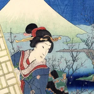 Traditional Woodblock Print Woman and Mount Fuji Traditional Woodblock Print Woman and Mount Fuji