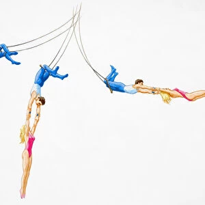 Trapeze artists in motion during performance, steps from start to completion of move