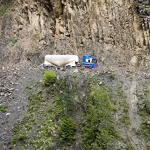 Truck on Road to Mestia of Svaneti region in Georgia
