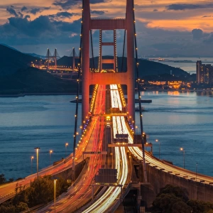 Front side of Tsing ma bridge with light trail