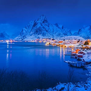 Twilight time of Idyllic coastal village at Reine in winter, Norway