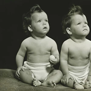 Twin brothers (9-12 months) sitting on blanket, (B&W), portrait