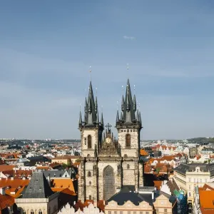 Tyn Church and Old Town Square seen from above, Prague, Czech Republic Tyn Church and Old Town Square seen from above, Prague, Czech Republic