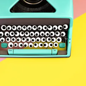 Typewriter with googly eyes for keys