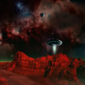 UFO over an alien planet, artwork UFO over an alien planet, artwork