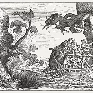 Ulysses and the Scylla, Greek mythology, wood engraving, published 1880