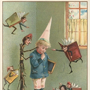 Unfortunate Victorian schoolboy being punished and bullied by his schoolbooks