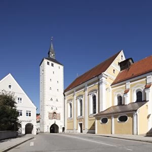 Unteres Tor gate, church of the Annunciation, Jesuit church, Mindelheim, Unterallgaeu district, Allgaeu region, Swabia, Bavaria, Germany, Europe