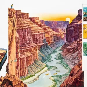 USA, Arizona, Grand Canyon, steep-sided gorge, eroded by Colorado River, cross-section and illustrative insets