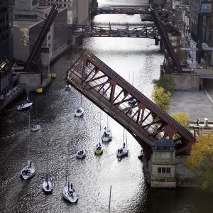 USA, Illinois, Chicago, elevated view of canal with yachts USA, Illinois, Chicago, elevated view of canal with yachts