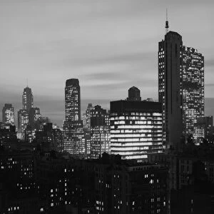 USA, New York City skyline illuminated at night