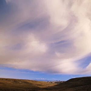 USA, Wyoming, altocumulus castelanus clouds over Red Desert