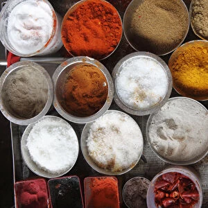 Various spices in the kitchen of a restaurant, Udumalaipettai, Tamil Nadu, Tamilnadu, South India, India, South Asia, Asia