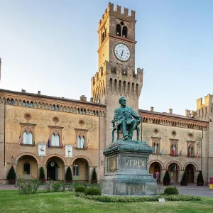 Verdi Monument in front of Rocca Pallavicino with Opera House Teatro Guiseppe Verdi