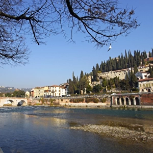 Verona view of the roman Ponte Pietra bridge and Adige River