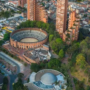 Vertical aerial view of the famous Santamaria Bullfighting arena and the surrounding buildings Vertical aerial view of the famous Santamaria Bullfighting arena and the surrounding buildings