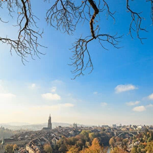 A vertical view over the Old City of Bern with trees at rose garden
