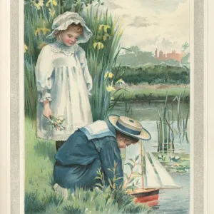 Victorian Children Launching a Toy Yacht Print Victorian Children Launching a Toy Yacht Print