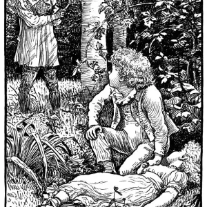 Two Victorian children in a wood, an illustration print Two Victorian children in a wood, an illustration print