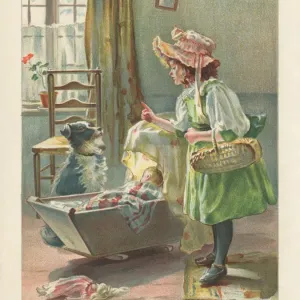 Victorian Girl Minding Baby and Dog Print Victorian Girl Minding Baby and Dog Print