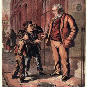 Victorian London orphan boy begging on the street, 1870