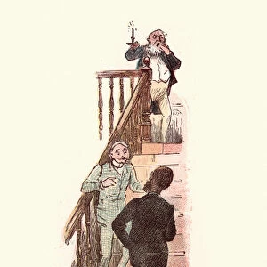 Victorian men talking on a staircase