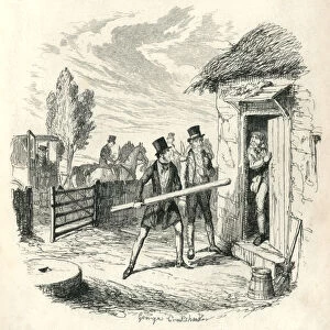 Two Victorian men trying to force entry to a cottage