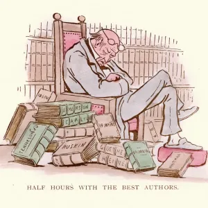 Victorian Satirical Cartoon Print: Senior Man Sleeping by Old Books Victorian Satirical Cartoon Print: Senior Man Sleeping by Old Books