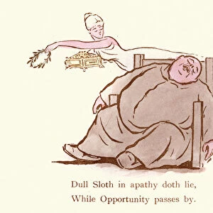 Victorian satirical cartoon, sloth in apathy While Opportunity passes by