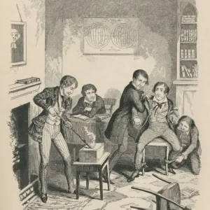 A Victorian schoolboy is tied to his chair with two bullies nearby A Victorian schoolboy is tied to his chair with two bullies nearby