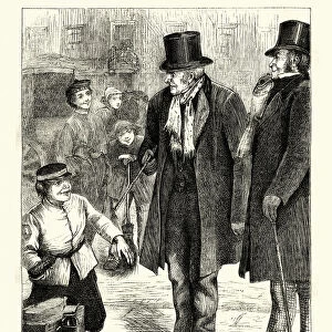 Victorian shoeshine boy offering to polish a mans shoes, 1870