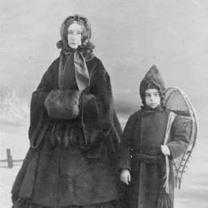 Victorian Winter Print: Woman and Child in Snow Victorian Winter Print: Woman and Child in Snow