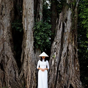 Vietnam Ao Dai - Vietnamese woman in Ao Dai standing near banyan trees