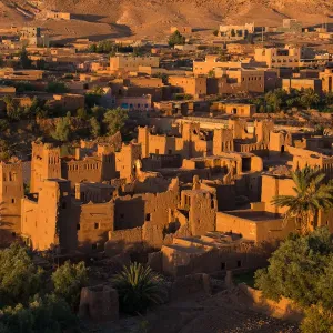 View of Ait Benhaddou Kasbah at sunrise, Ait Ben Haddou, Ouarzazate, Morocco View of Ait Benhaddou Kasbah at sunrise, Ait Ben Haddou, Ouarzazate, Morocco