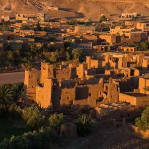 View of Ait Benhaddou Kasbah at sunrise, Ait Ben Haddou, Ouarzazate, Morocco View of Ait Benhaddou Kasbah at sunrise, Ait Ben Haddou, Ouarzazate, Morocco