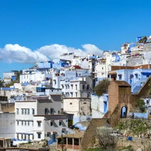 View on blue houses of the medina of Chefchaouen, Chaouen, reef mountains View on blue houses of the medina of Chefchaouen, Chaouen, reef mountains