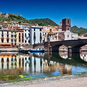View over the colourful town of Bosa and its medieval castle along the Temo river