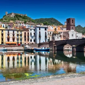 View over the colourful town of Bosa and its medieval castle along the Temo river