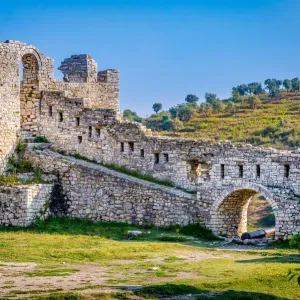 View of a the defensive stone wall in the fortified city of Berat, Albania, Unesco World Heritage Site