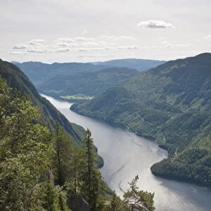 View from above to fjord-like Lake Bandak, Lardalstigen at Dalen, Lardalstigen, Telemark, Norway, Scandinavia, Northern Europe, Europe